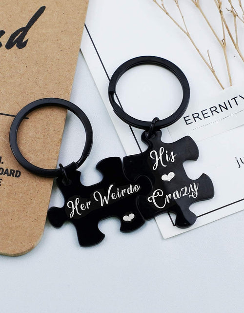 Load image into Gallery viewer, 2pcs His Crazy Her Weirdo Couples Keychains Puzzle Key Chain for Him Her Lovers Gifts, Silver, Medium
