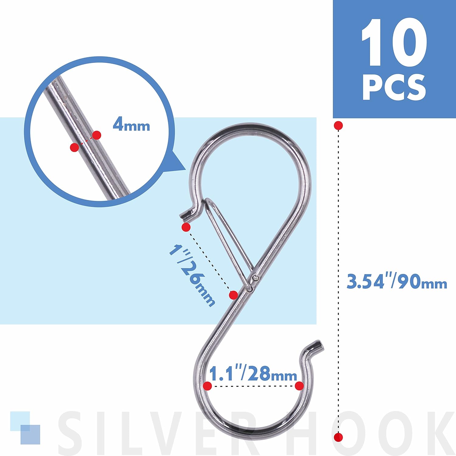 10 Pack S Hooks for Hanging, Rustproof S-shaped Hook with Safety Buckle Heavy Duty Metal (3.5 inch, silvery)