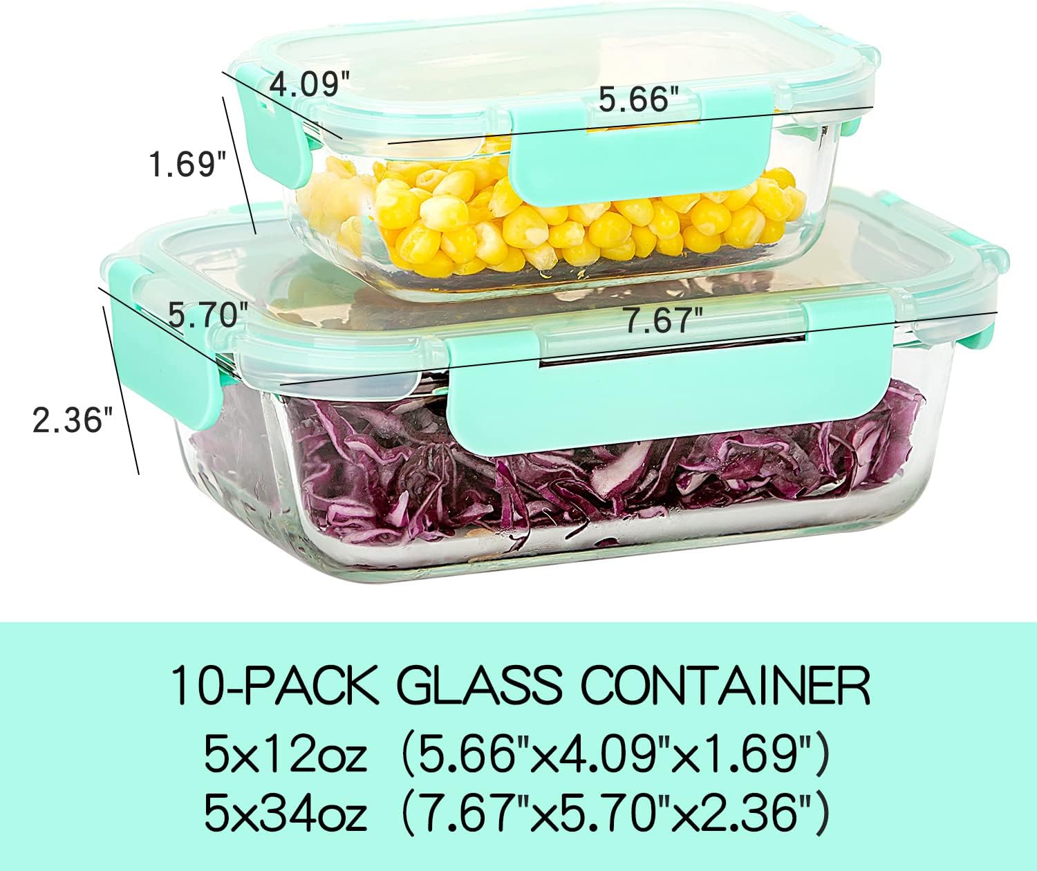 10 Pack Glass Food Storage Containers with Lids Leakproof, Airtight Glass Meal Prep Containers For Lunch, On The Go, Leftover, Dishwasher Safe, Mint