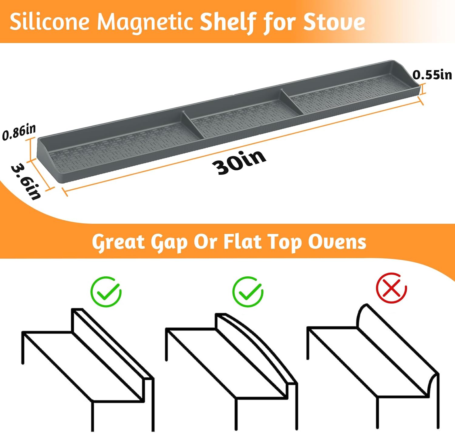 30 Inch Silicone Stove Top Shelf Magnetic for Kitchen, Soft Flexible Strong Magnetic Heat Resistant Spice Rack Organizer for Over Stove Oven - Grey