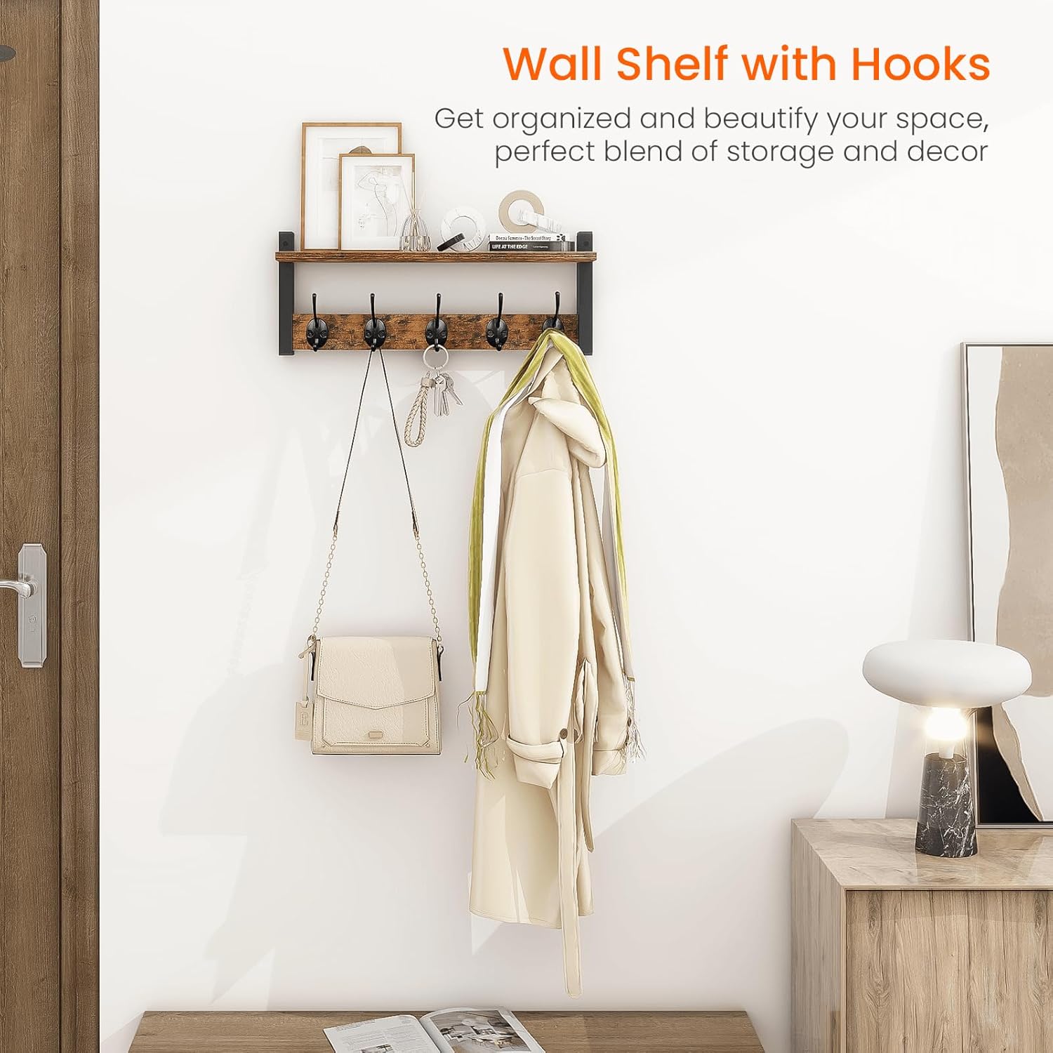 Wall Hooks with Shelf, Wood Coat Rack with Shelf Wall-Mounted, Entryway Hanging Shelf with 5 Metal Hooks, Rustic Brown