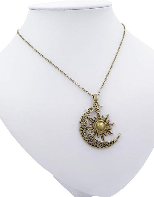 Load image into Gallery viewer, Vintage Bronze Crescent Moon and Sun Pendant Necklace Retro Swirl Filigree Unisex Jewelry Gifts
