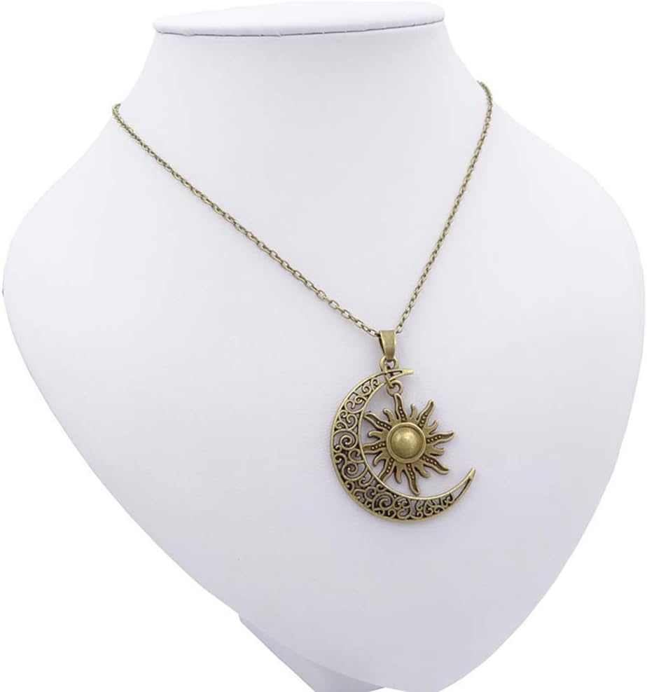 Vintage Bronze Crescent Moon and Sun Pendant Necklace Retro Swirl Filigree Unisex Jewelry Gifts