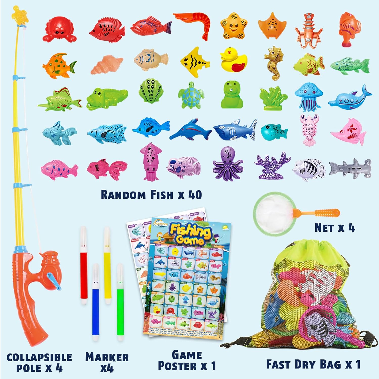 Magnetic Fishing Toys Game Set for Kids | Water Table Bathtub Kiddie Pool Party with Pole Rod Net