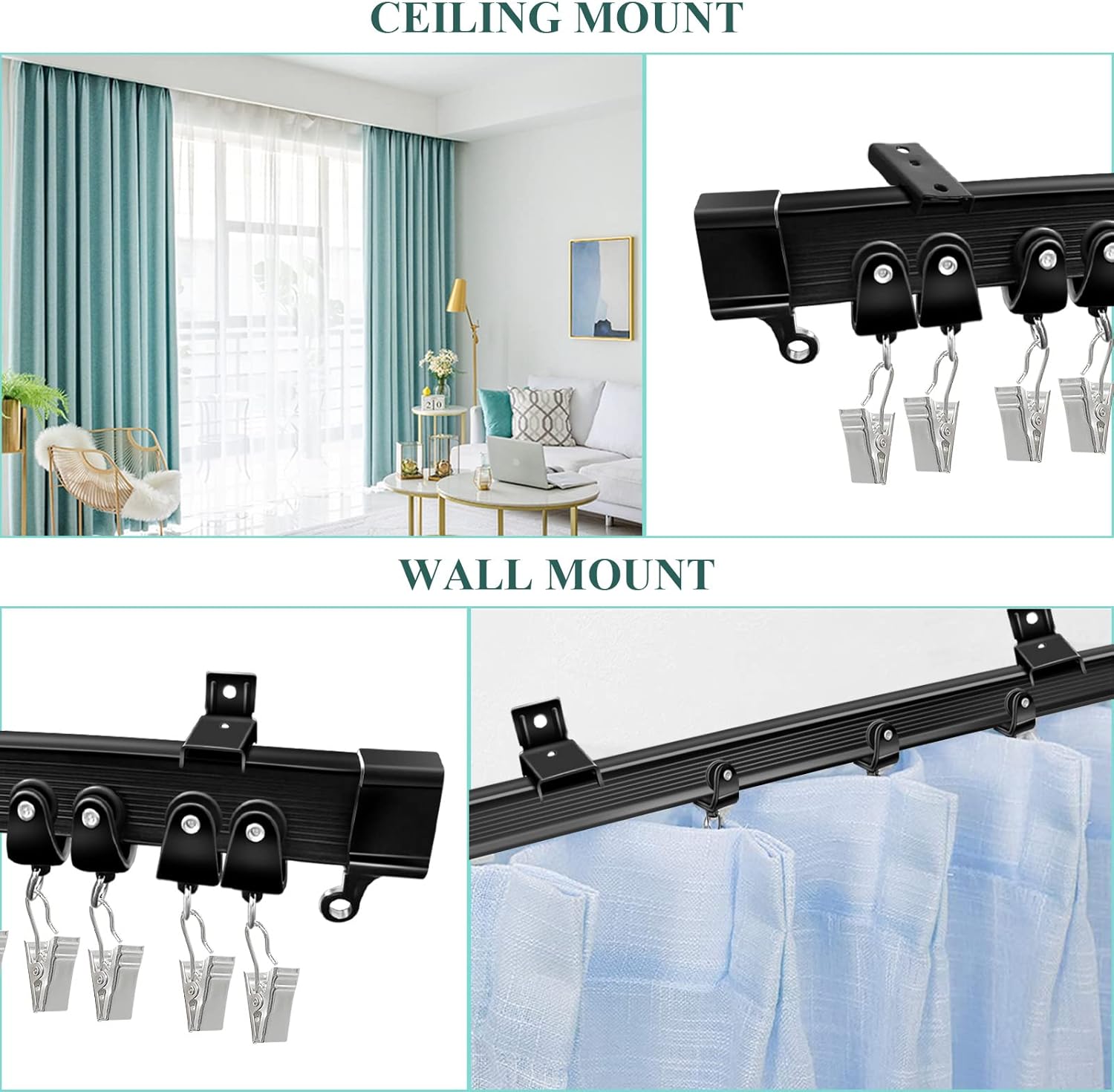 10 Ft Black Curved Curtain Rail Track Ceiling Wall Mount Sliding Curtain Ceiling Track System Set for RV, Bay Window, Room Divider, Black