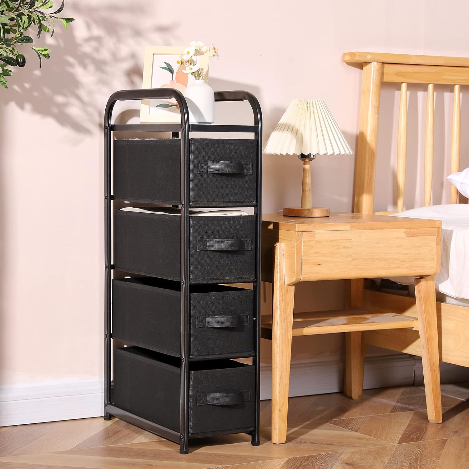 4 Drawer Narrow Dresser Fabric Storage Tower Vertical Slim Chest Organizer Black)