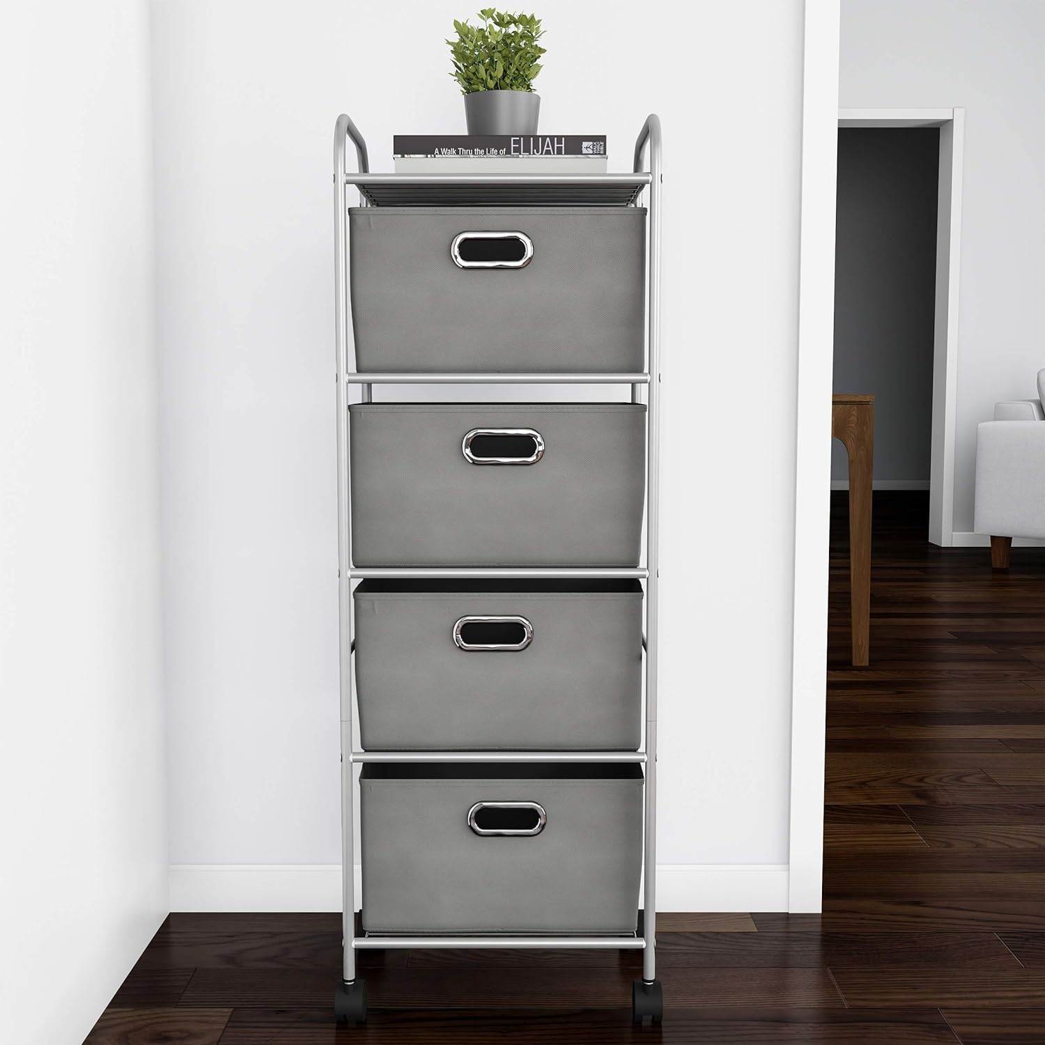 4 Drawer Storage Organizer, Rolling Fabric Bin Storage Cart with Wheels and Metal Frame, Gray