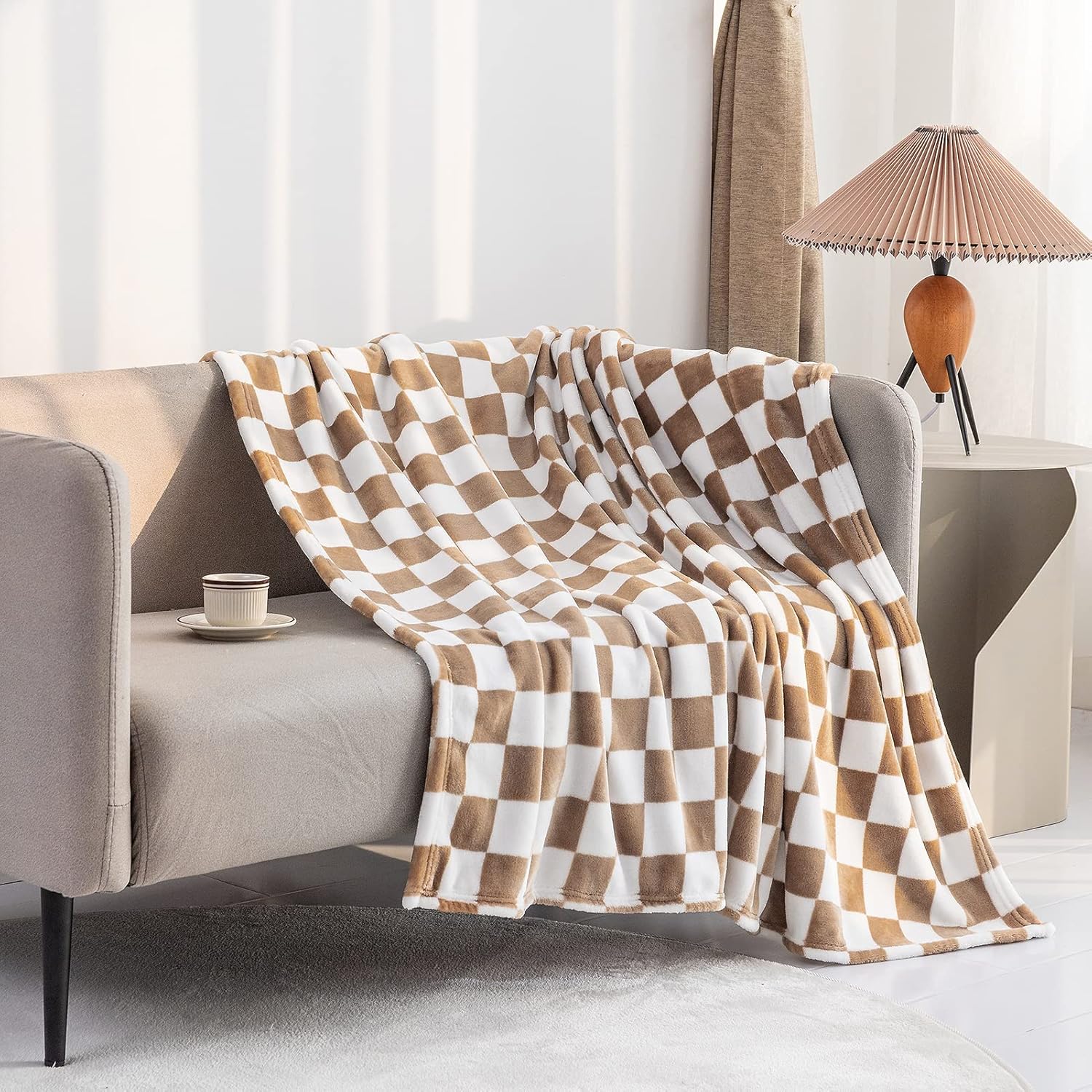 Throw Blankets Flannel Blanket with Checkerboard Grid Pattern Soft Warm and Cozy for All Seasons (Khaki, 40"x50")