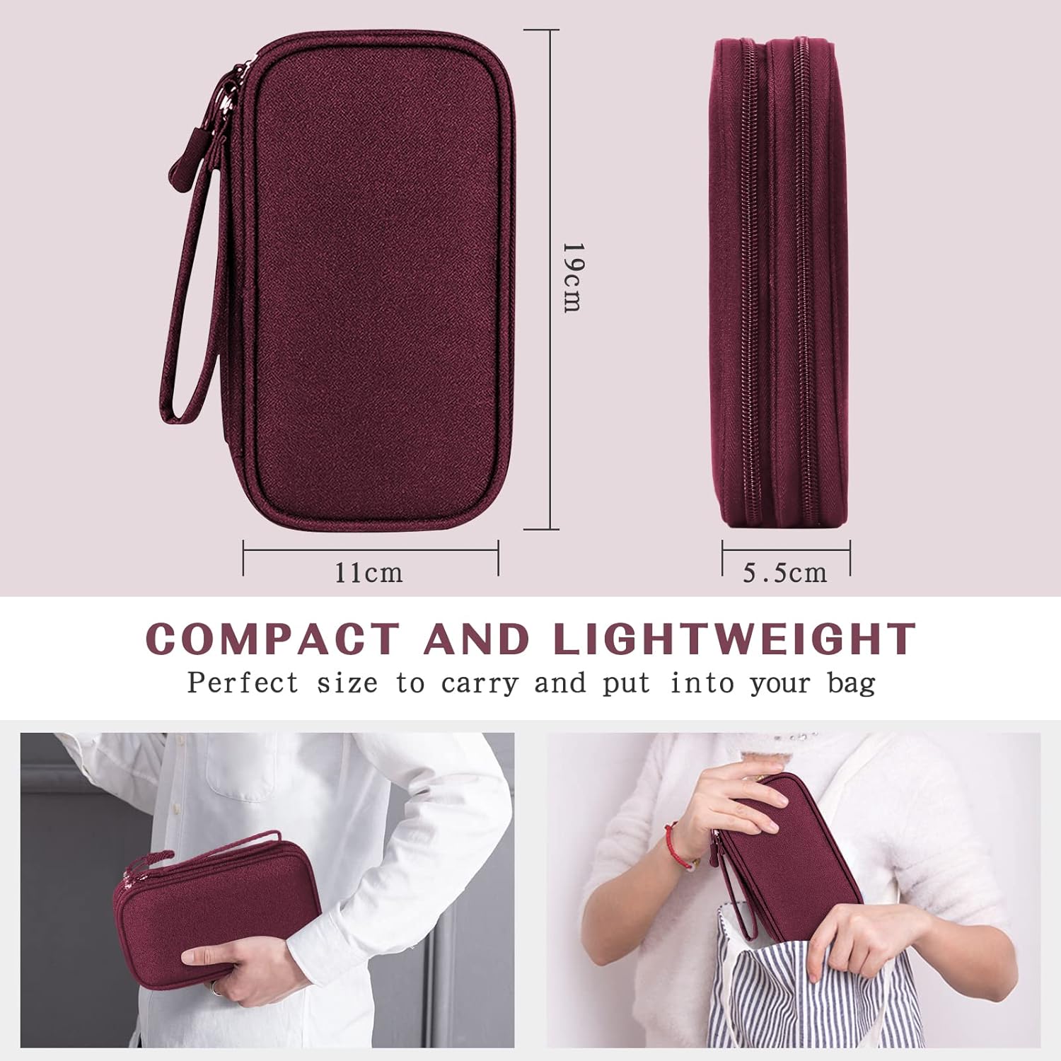 Travel Cable Organizer Bag Pouch Electronic Accessories Carry Case Portable Waterproof Double Layers, Small Wine Red