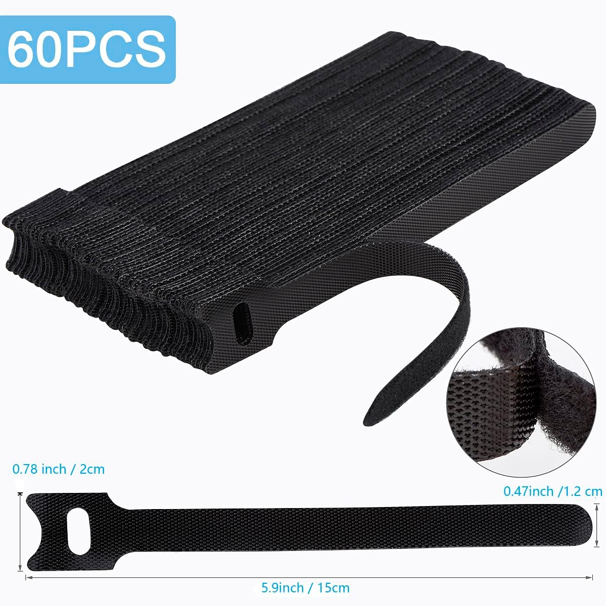 60 PCS 6 Inches Reusable Cable Ties, Adjustable Cord Straps, Cable Organizer, Cord Wrap and Hook Loop Cords Management - Black