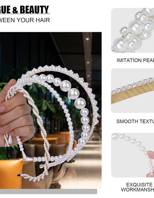 Load image into Gallery viewer, 4 Pack Pearls Fashion Headbands,White Artificial Pearl Rhinestones Hairbands,Bridal Hair Hoop
