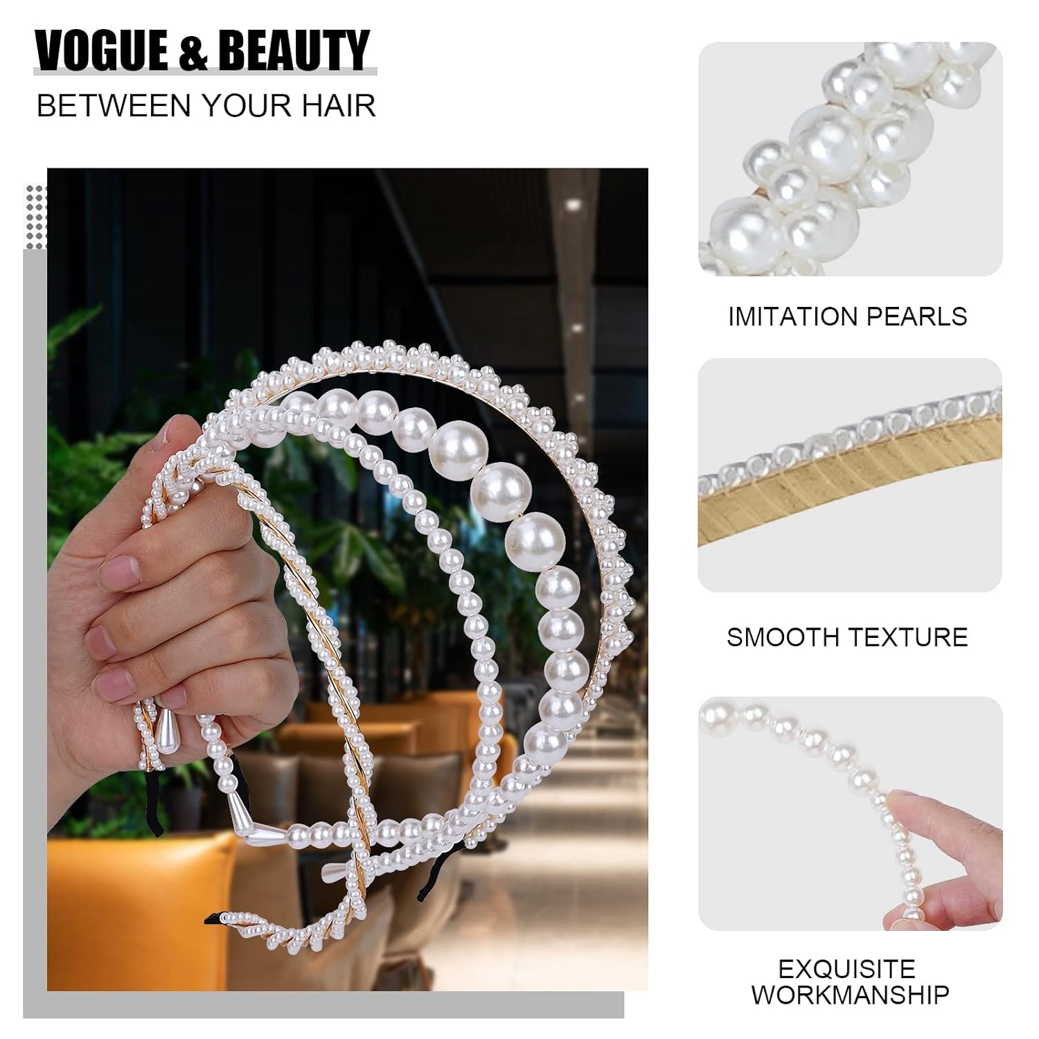 4 Pack Pearls Fashion Headbands,White Artificial Pearl Rhinestones Hairbands,Bridal Hair Hoop