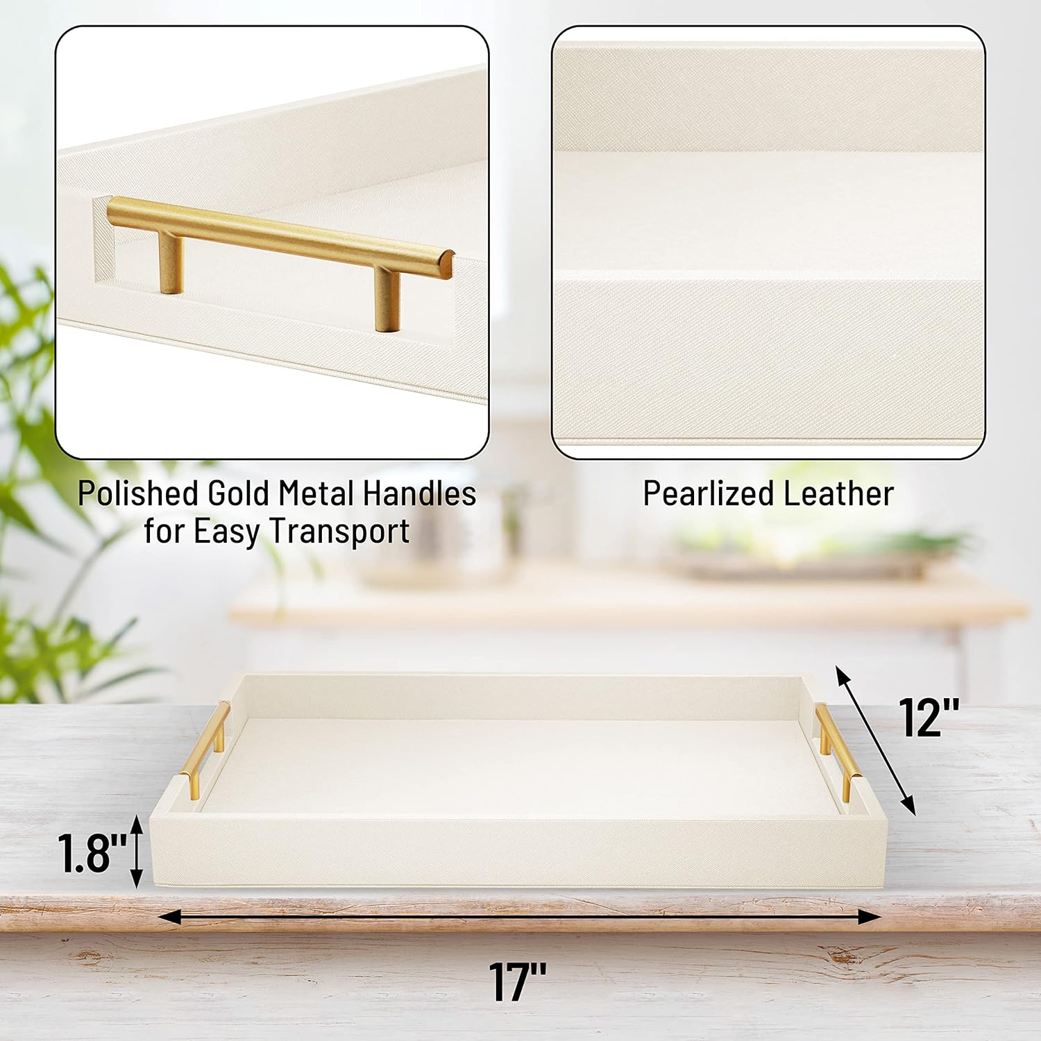 17" x 12" Wood Serving Tray with Gold Polished Metal Handles, Home Decorative Wooden Rectangle Ottoman Leather Decor