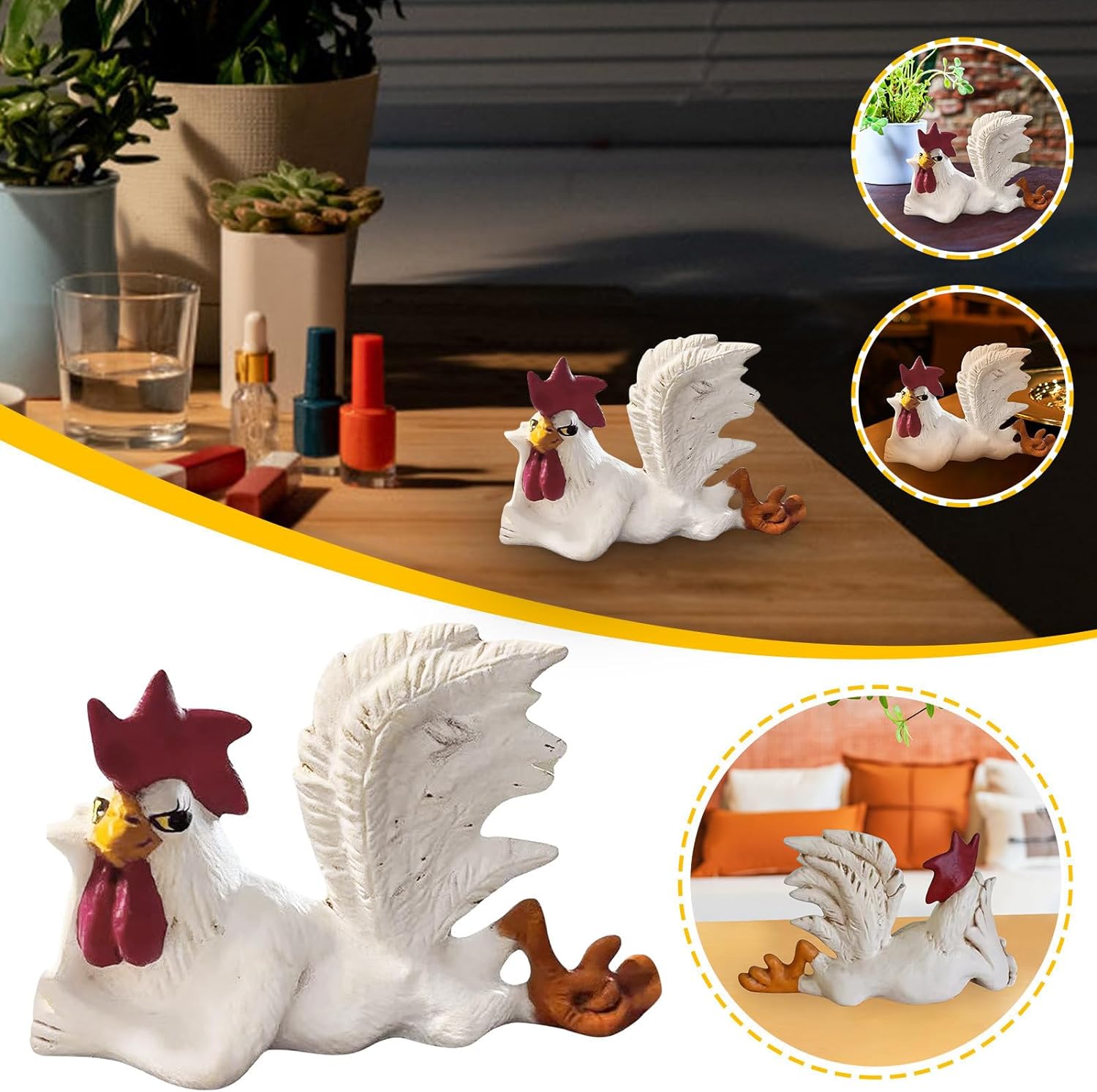 White Rooster Statue with Enchanting Posture & Long Eyelashes Table Art Sculpture Funny Resin Figurine Decoration