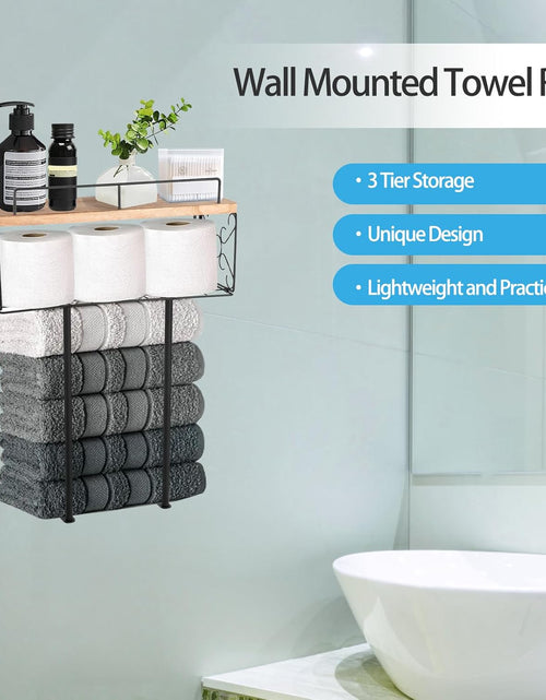 Load image into Gallery viewer, Towel Rack Wall Mounted for Small Bathroom, Wood Shelf with Metal Basket, 3 Tier Bathroom Towel Storage, Mattle Black-Lightbrown
