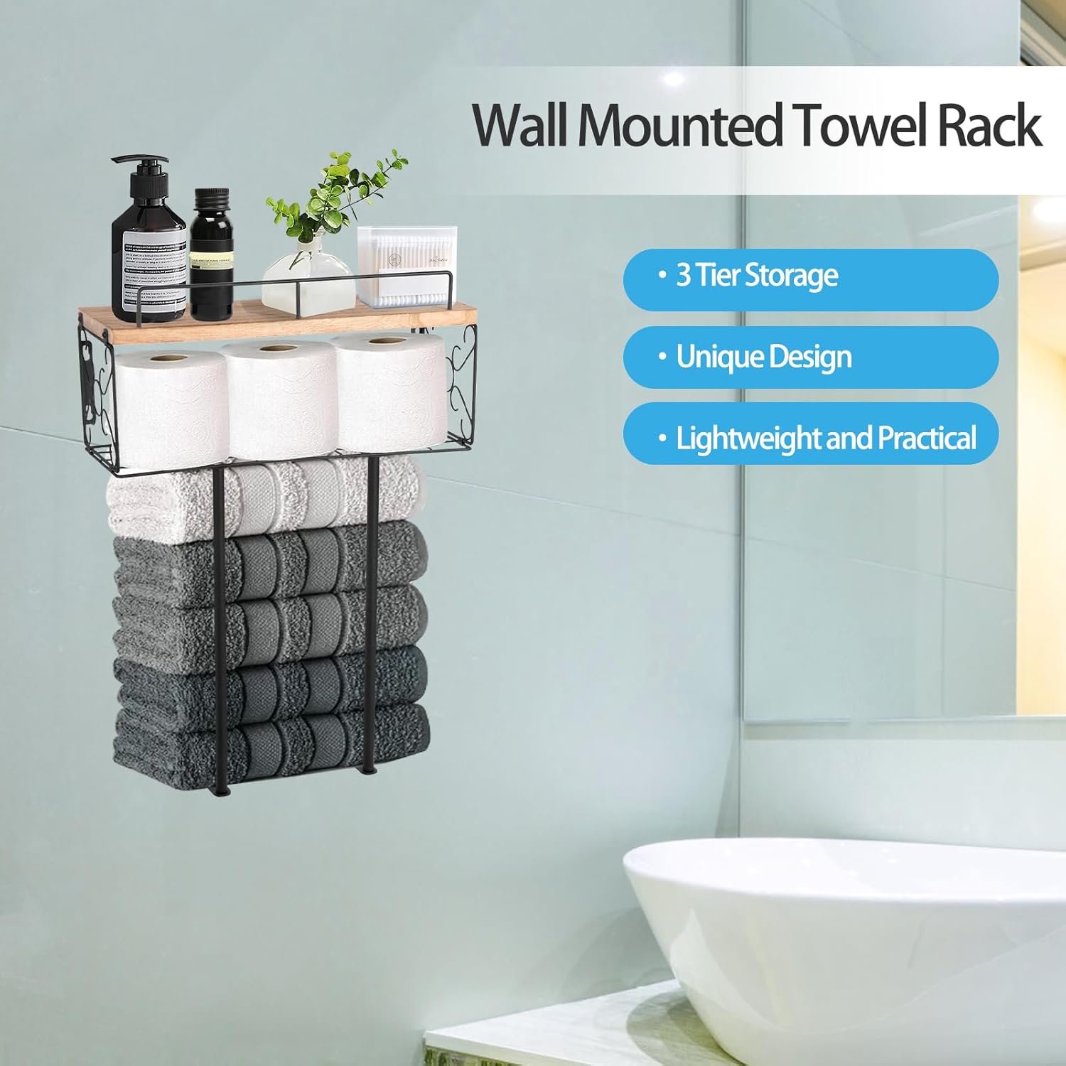 Towel Rack Wall Mounted for Small Bathroom, Wood Shelf with Metal Basket, 3 Tier Bathroom Towel Storage, Mattle Black-Lightbrown