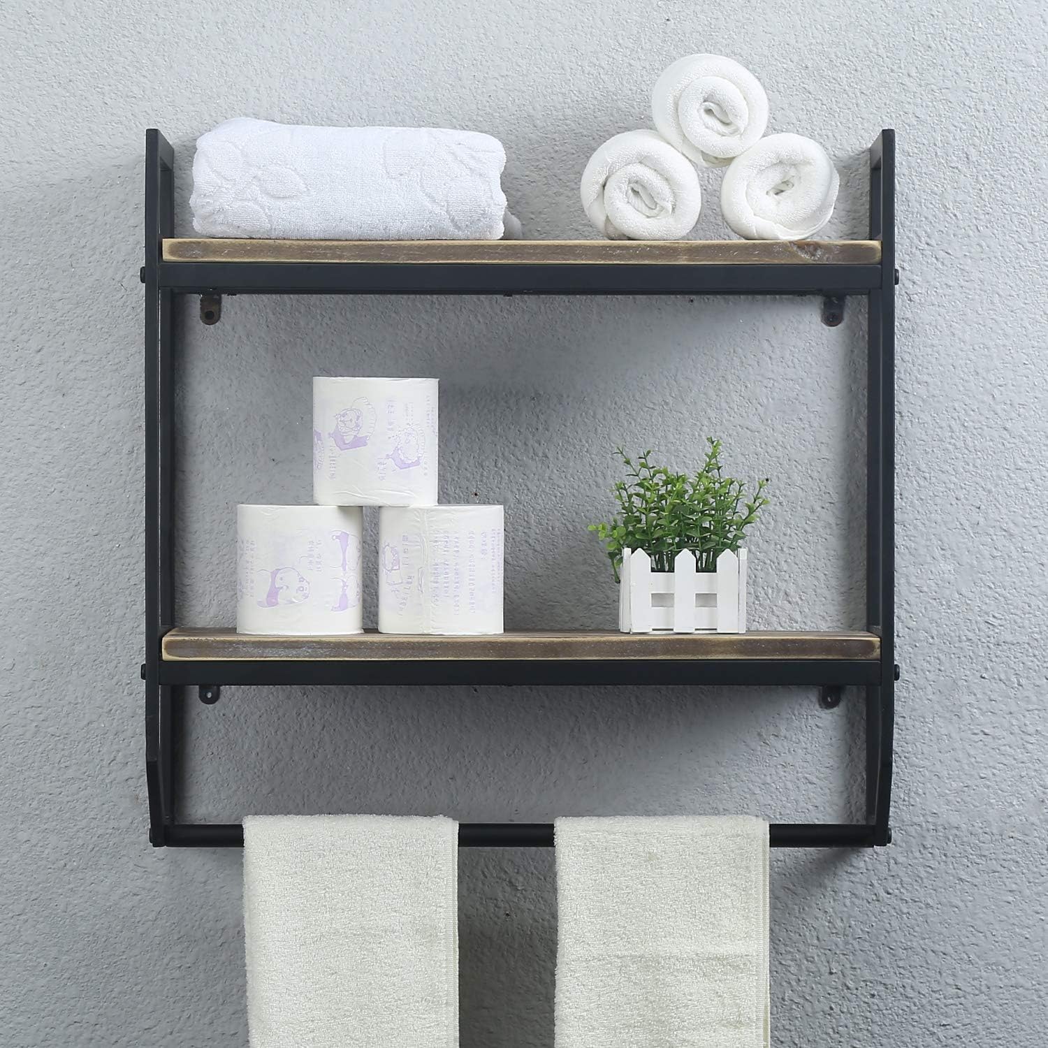 2-Tier Metal Industrial 23.6" Bathroom Shelves Wall Mounted,Rustic Wall Shelf Over Toilet Towel Rack with Towel Bar, Black Brush Silver