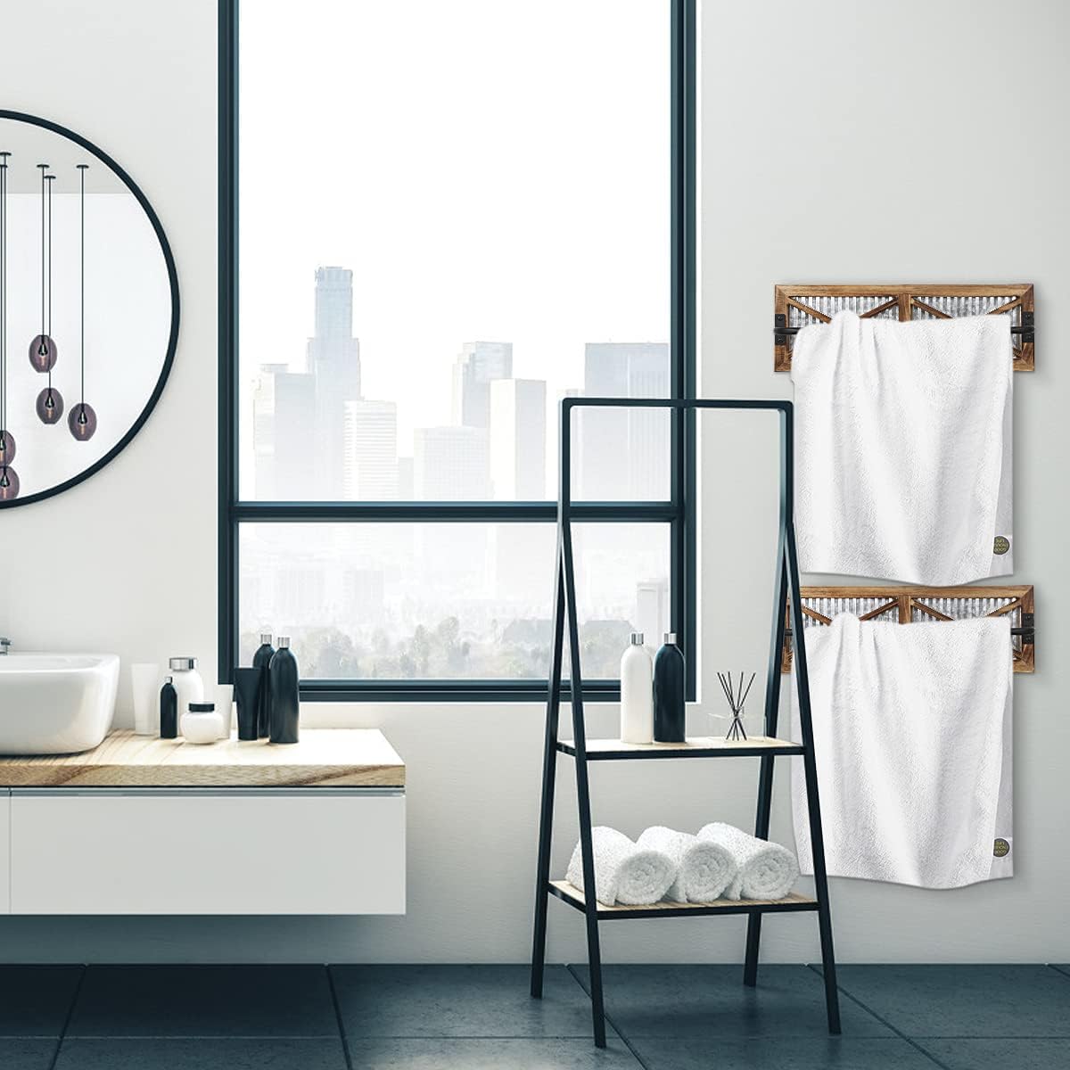 Wall Mounted Towel Bar Holder with Weathered Wood and Corrugated Galvanized Metal, Farmhouse Rack (Towels are not Included)