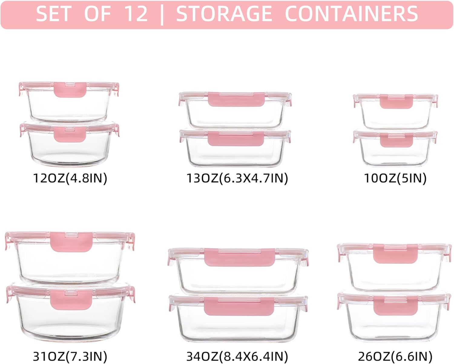 12 Pack Glass Storage Containers with Lids, Leak-Proof Meal Prep Containers, Pink