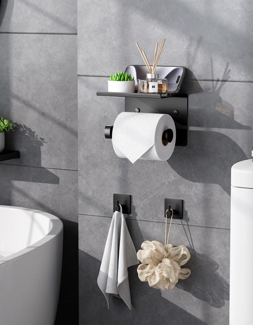 Load image into Gallery viewer, Toilet Paper Holder with Phone Shelf + Towel Robe Hooks, Adhesive or Screw Wall Mounted
