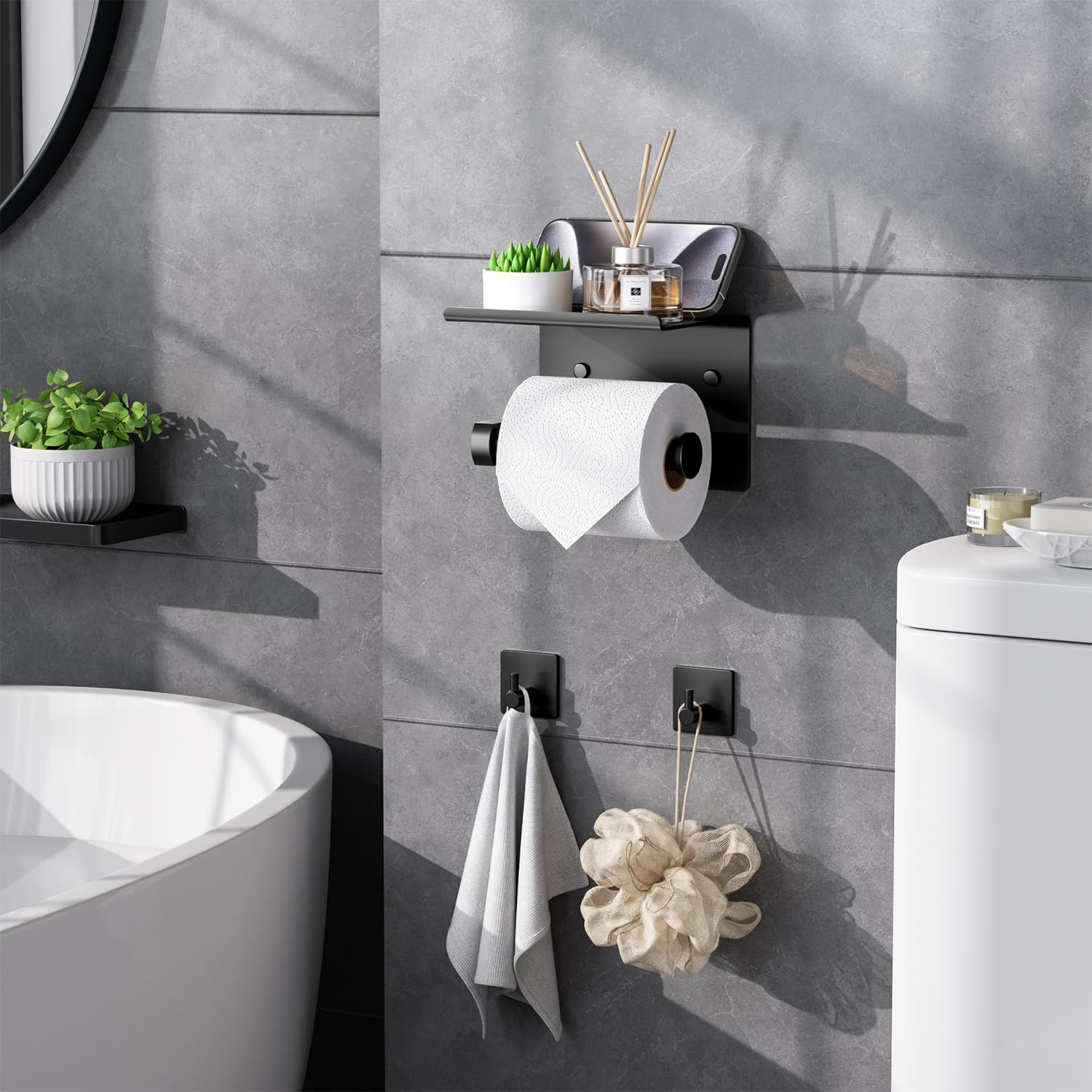 Toilet Paper Holder with Phone Shelf + Towel Robe Hooks, Adhesive or Screw Wall Mounted