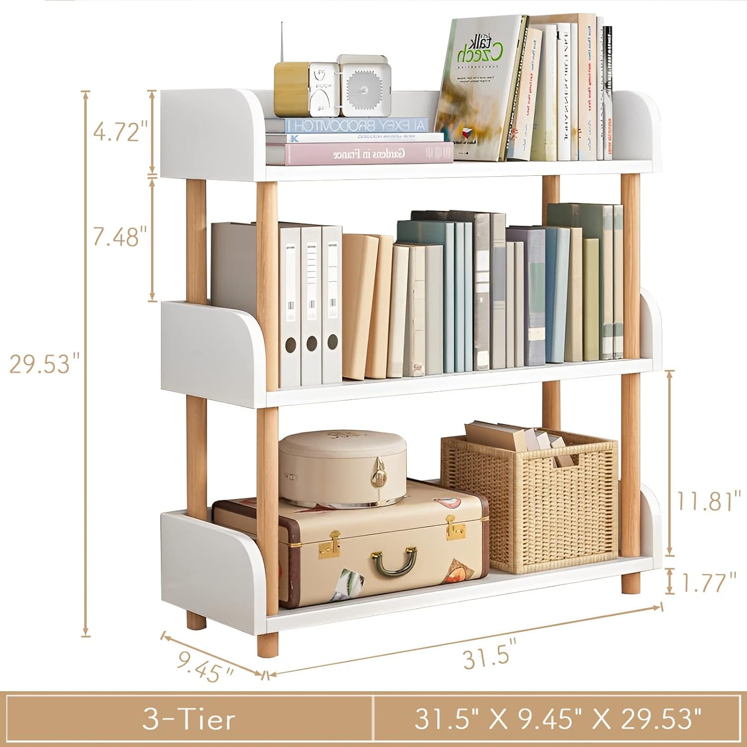 3-Tier Wooden Open Bookcase - Modern Display Bookshelf with Top Edge, Warm White