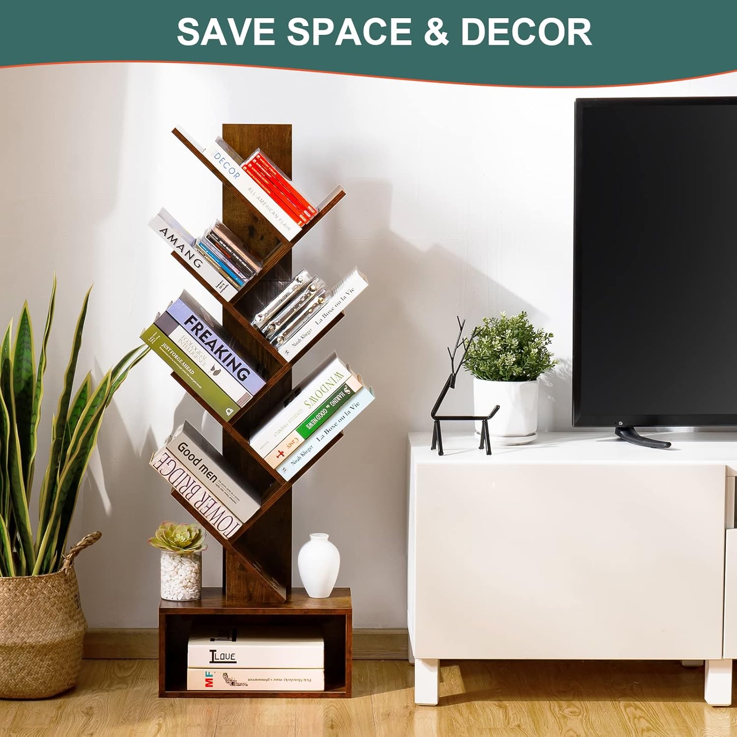 Tree Bookshelf - 6 Shelf Retro Floor Standing Bookcase, Tall Wood Book Storage Rack