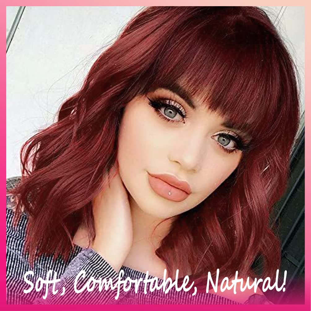 Short Wavy Red Bob Wig with Bangs, Realistic Colored Fun Shoulder Medium Length, 12 Inches