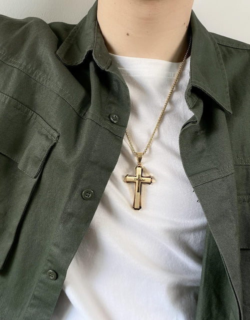 Load image into Gallery viewer, Cross Necklace for Men Boy Silver Black Gold Stainless Steel Christ Cross Crucifix Pendant Necklace Religious Jewelry Gift Box Chain 21.6
