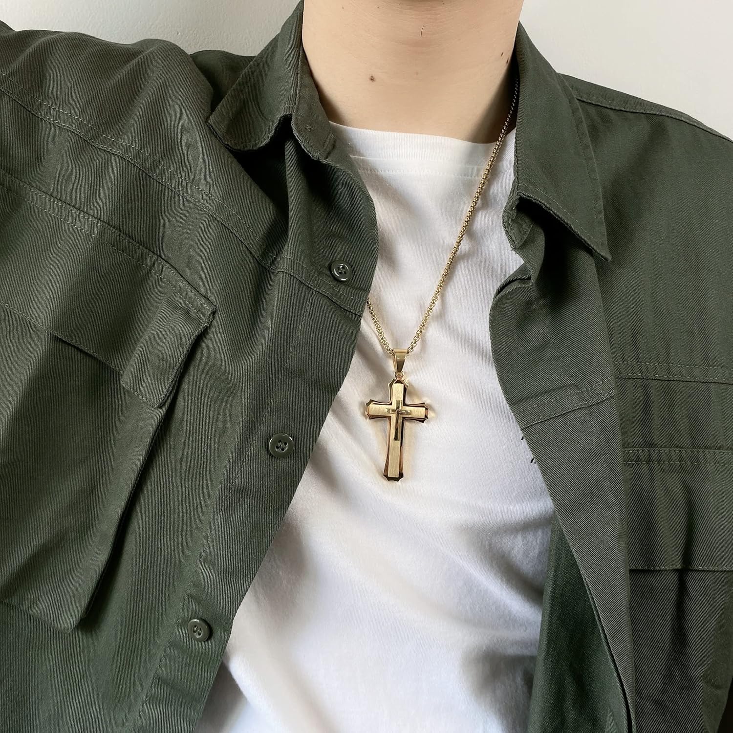 Cross Necklace for Men Boy Silver Black Gold Stainless Steel Christ Cross Crucifix Pendant Necklace Religious Jewelry Gift Box Chain 21.6