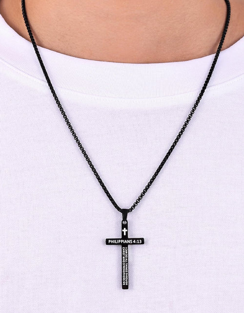 Load image into Gallery viewer, Bible Verse Cross Necklace for Men, Stainless Steel Mens Necklace, Black/Gold/Silver Tone Cross Pendant for Men, 22 inches
