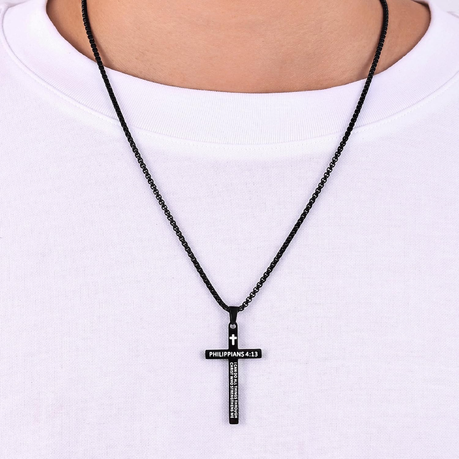 Bible Verse Cross Necklace for Men, Stainless Steel Mens Necklace, Black/Gold/Silver Tone Cross Pendant for Men, 22 inches