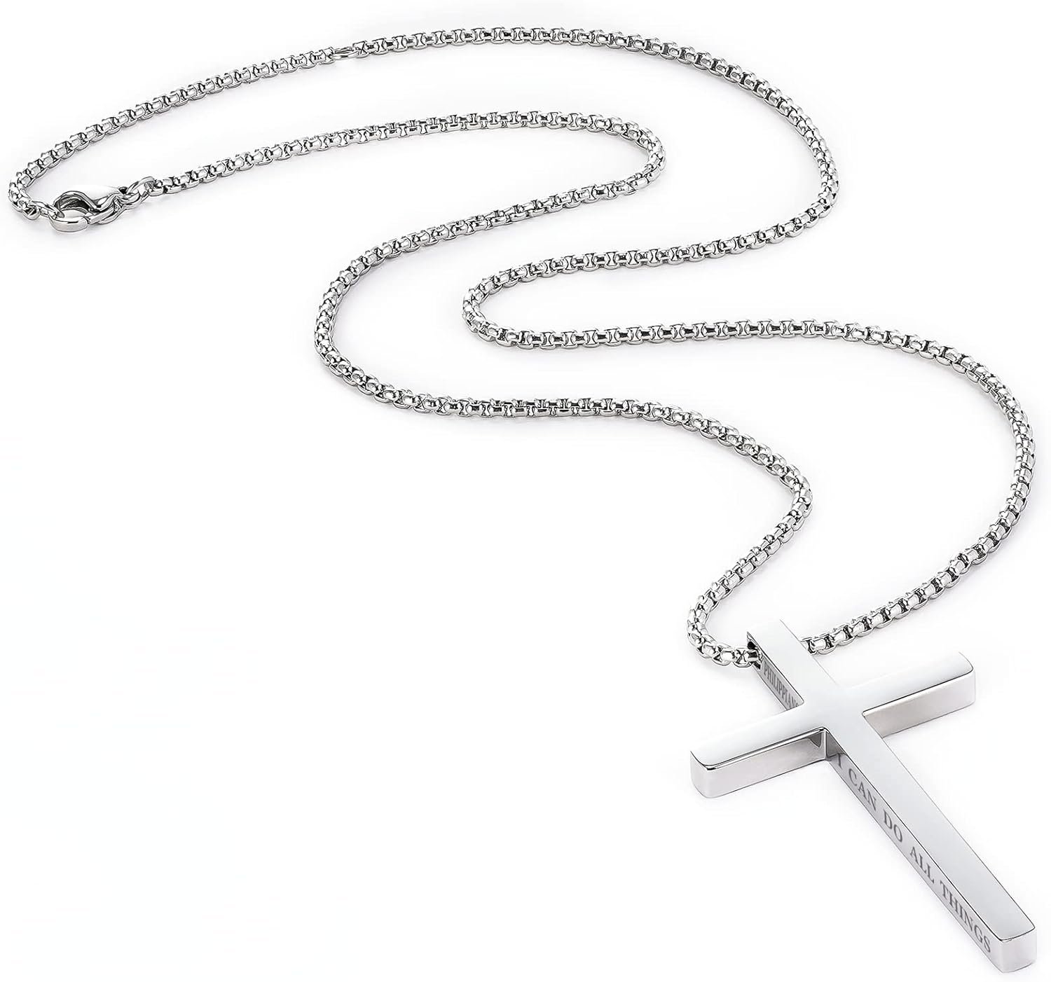 Cross Necklace for Men, Stainless Steel Pendant Box Chain Jewelry, No Gemstone