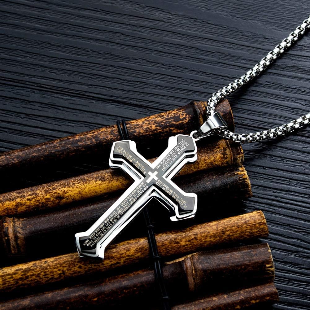 Mens Cross Pendant Necklace Large Stainless Steel Cross Pendant Necklace for Men Women, Silver