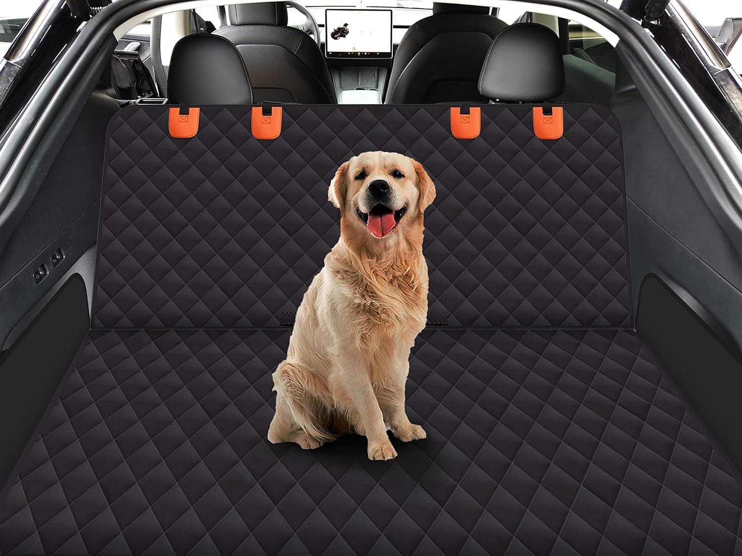 Dog Back Seat Cover Protector for Cars SUV and Trucks with Mesh Window, Scratchproof Nonslip and Waterproof Material(Black Orange)