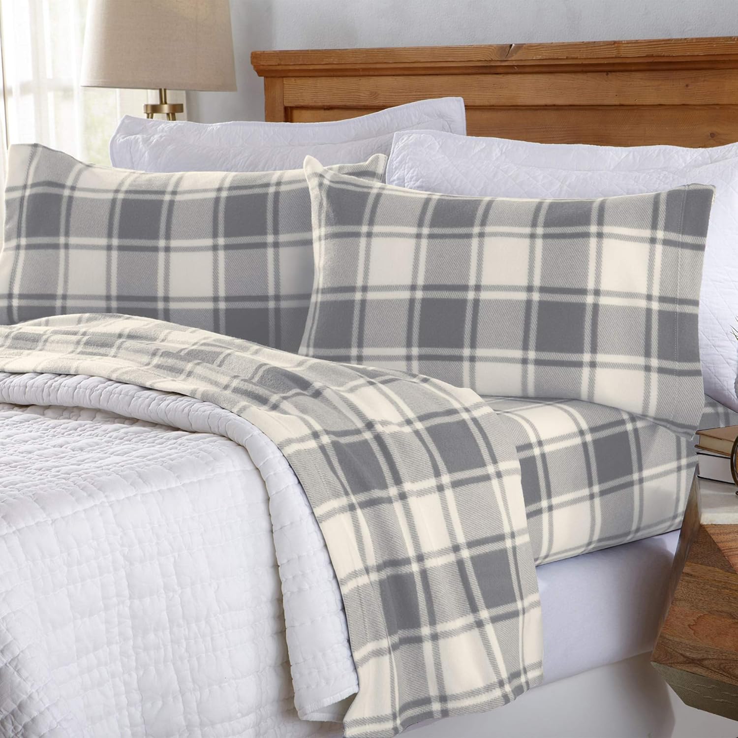 Super Soft Queen Plaid Grey Micro Fleece Sheet Set | Cozy, Warm, Durable, Breathable, and Fluffy Bed Sheets