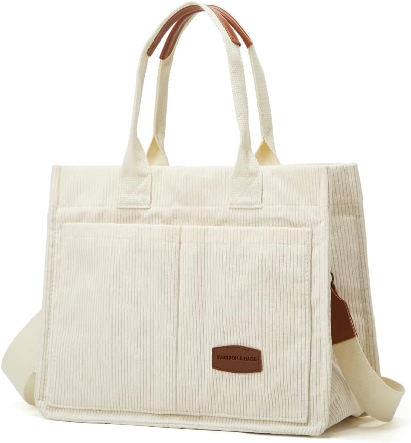 Tote Bag for Women Fashion Corduroy Handbags Casual Hobo Messenger Bag Canvas Shoulder Bag with Multi-pocket, Beige