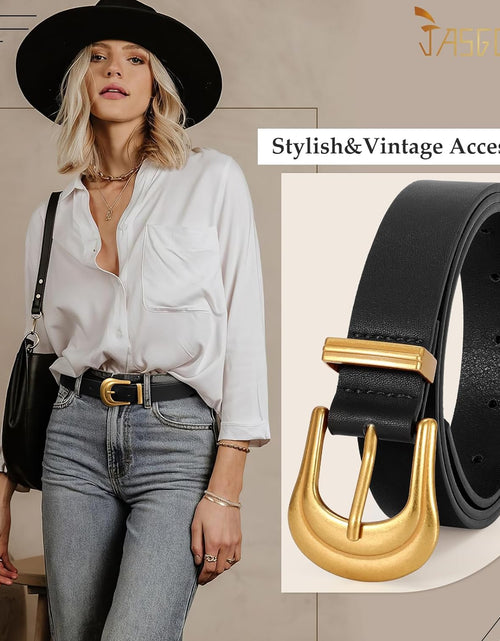 Load image into Gallery viewer, Women&#39;s Western Belt Vintage Black Leather Waist Belt for Pants Jeans with Gold Buckle (Fits Waist 33-7 inches, Black/Gold)
