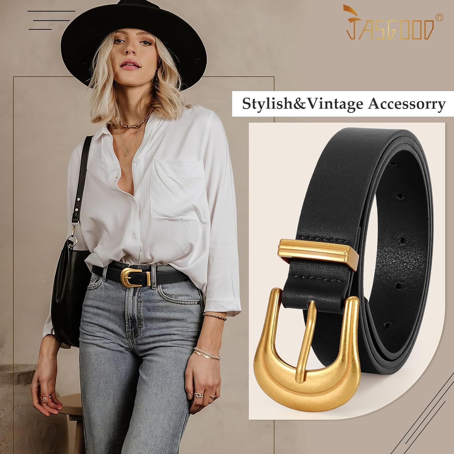 Women's Western Belt Vintage Black Leather Waist Belt for Pants Jeans with Gold Buckle (Fits Waist 33-7 inches, Black/Gold)