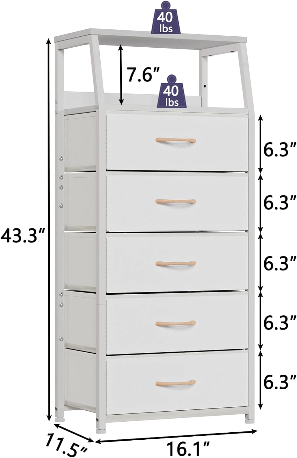 White Dresser with 5 Drawers, Vertical Storage Tower Fabric Dresser for Bedroom,  Wood Top, White