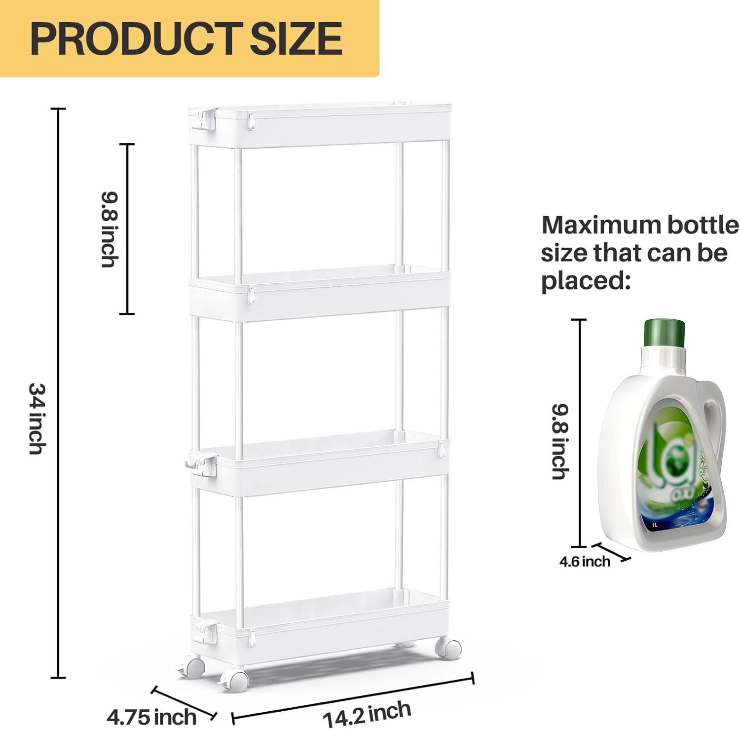 Slim Rolling Storage Cart 4 Tier Bathroom Organizer Mobile Shelving Unit Utility Cart, White