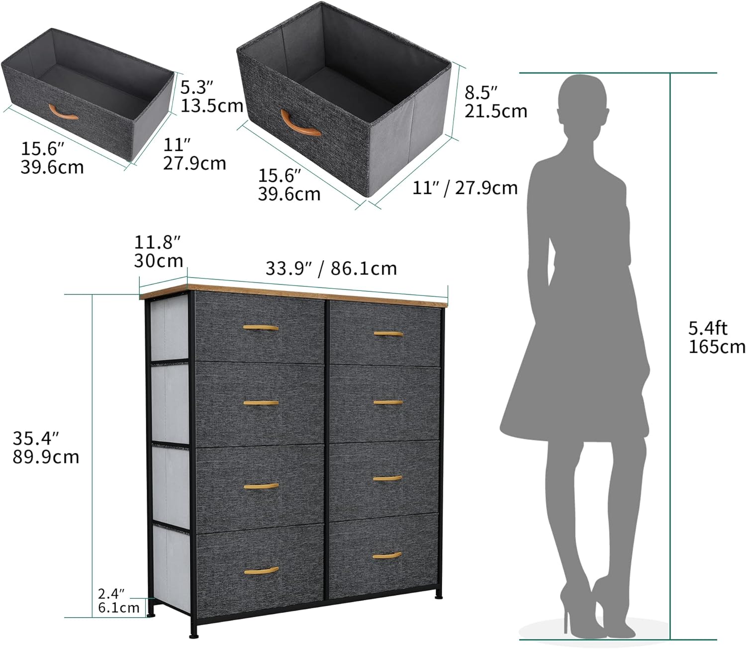 Tall Dresser with 8 Drawers, Storage Tower with Fabric Bins, Sturdy Steel Frame, Wooden Top (Dark Grey)