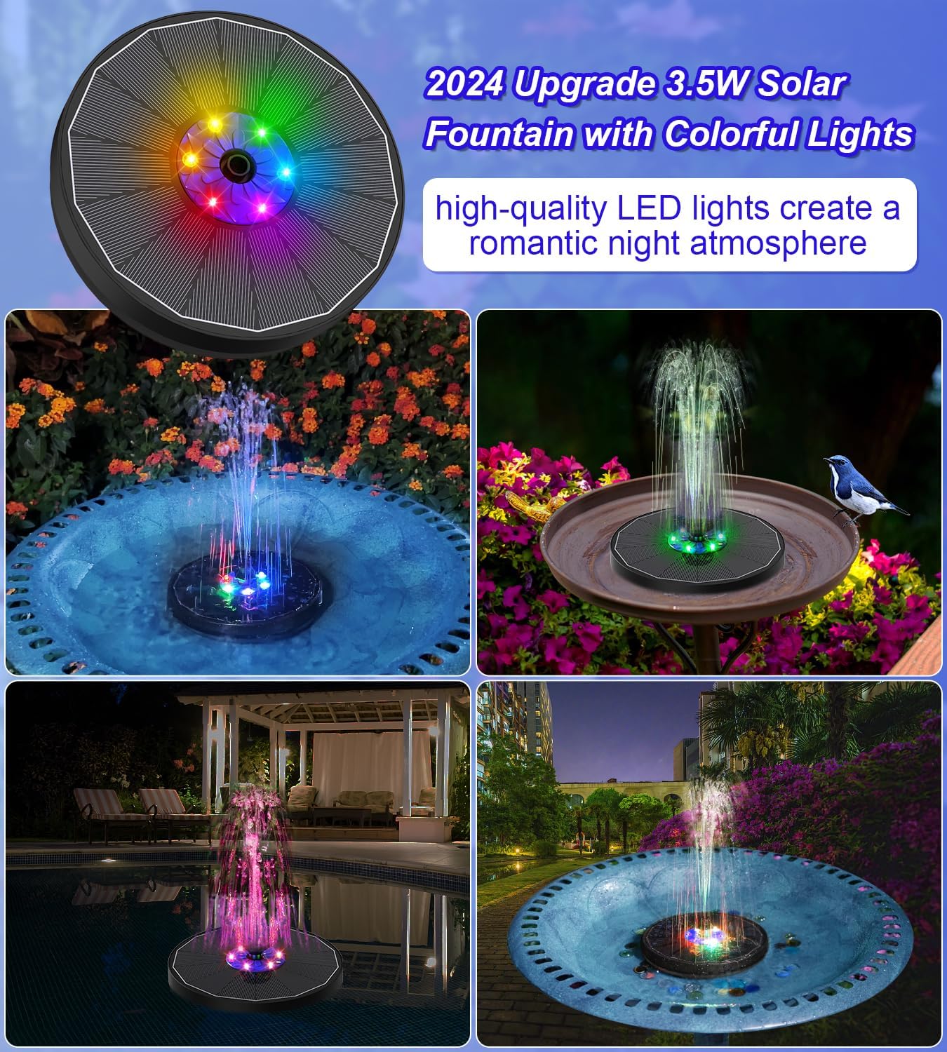 Solar Fountain 3.5W Floating Bird Bath Fountains with Blue Flower, Colorful