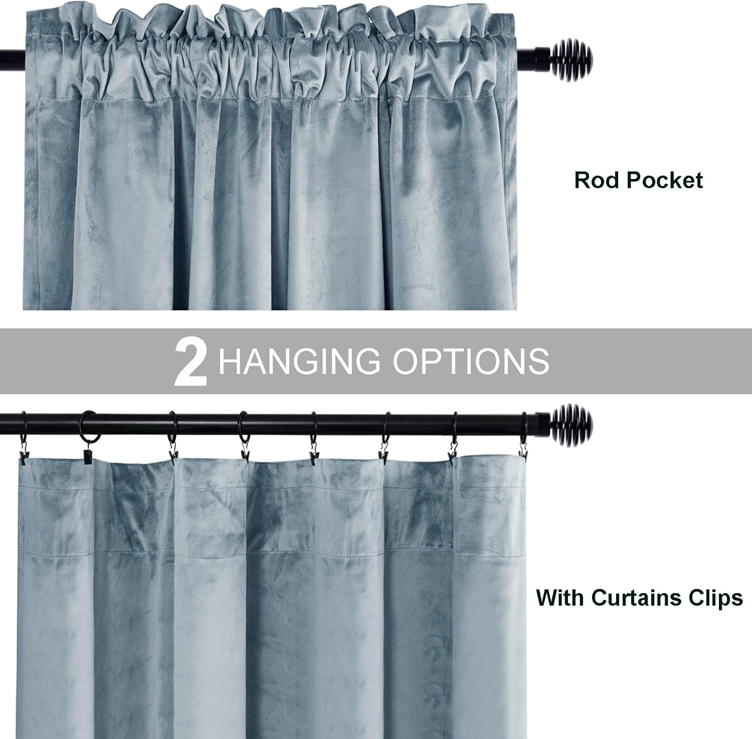 Velvet Blackout Curtains for Living Room, Darkening Rod Pocket Drapes for Office, Set of 2 Panels, 52W x 84L, Stone Blue