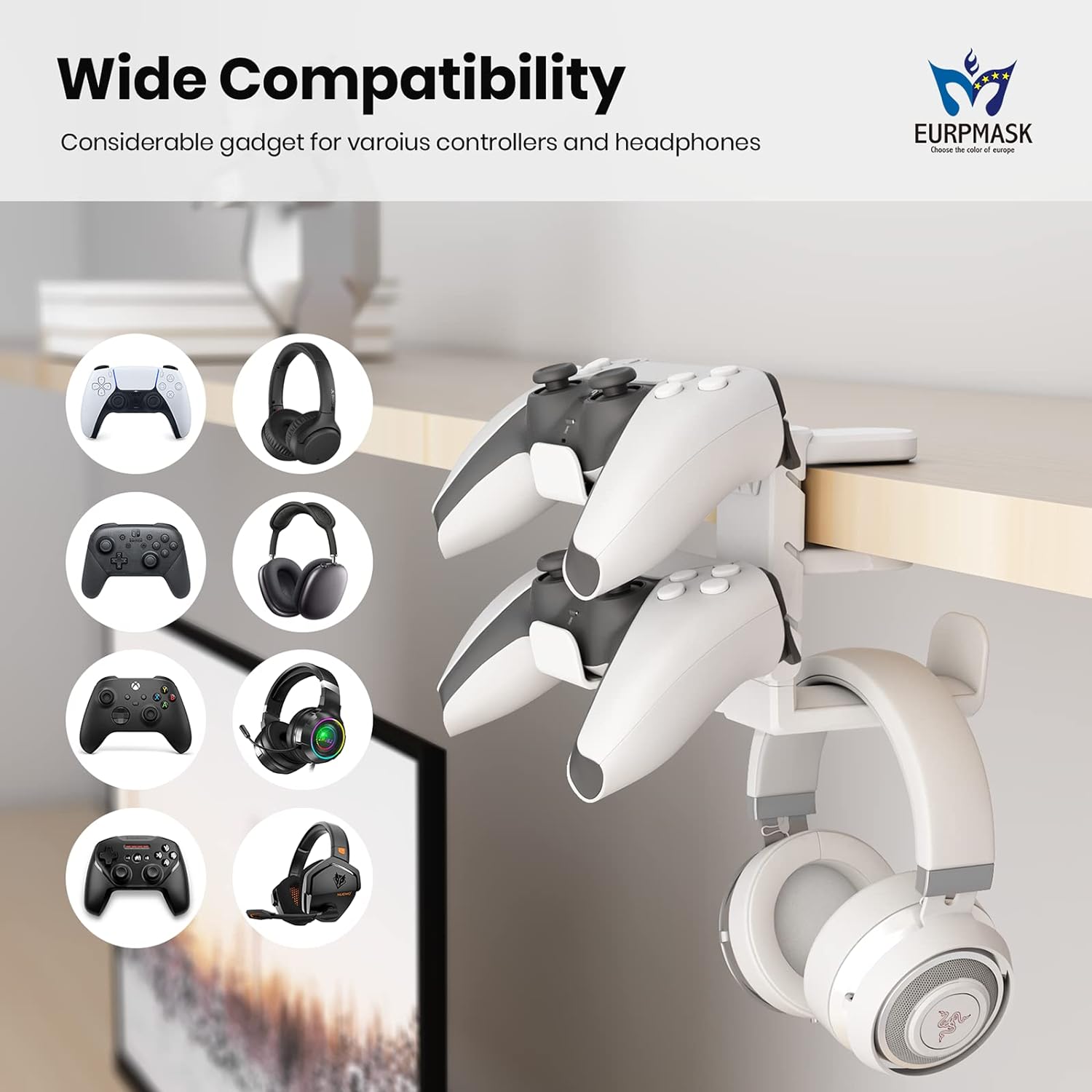 3-in-1 PC Gaming Headset&Controller Holder , White