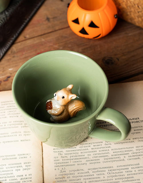 Load image into Gallery viewer, Squirrel Ceramic Cup Hidden 3D Animal Inside Mug,Cute Cartoon Handmade Figurine Mugs, 12 OZ (Light Green)
