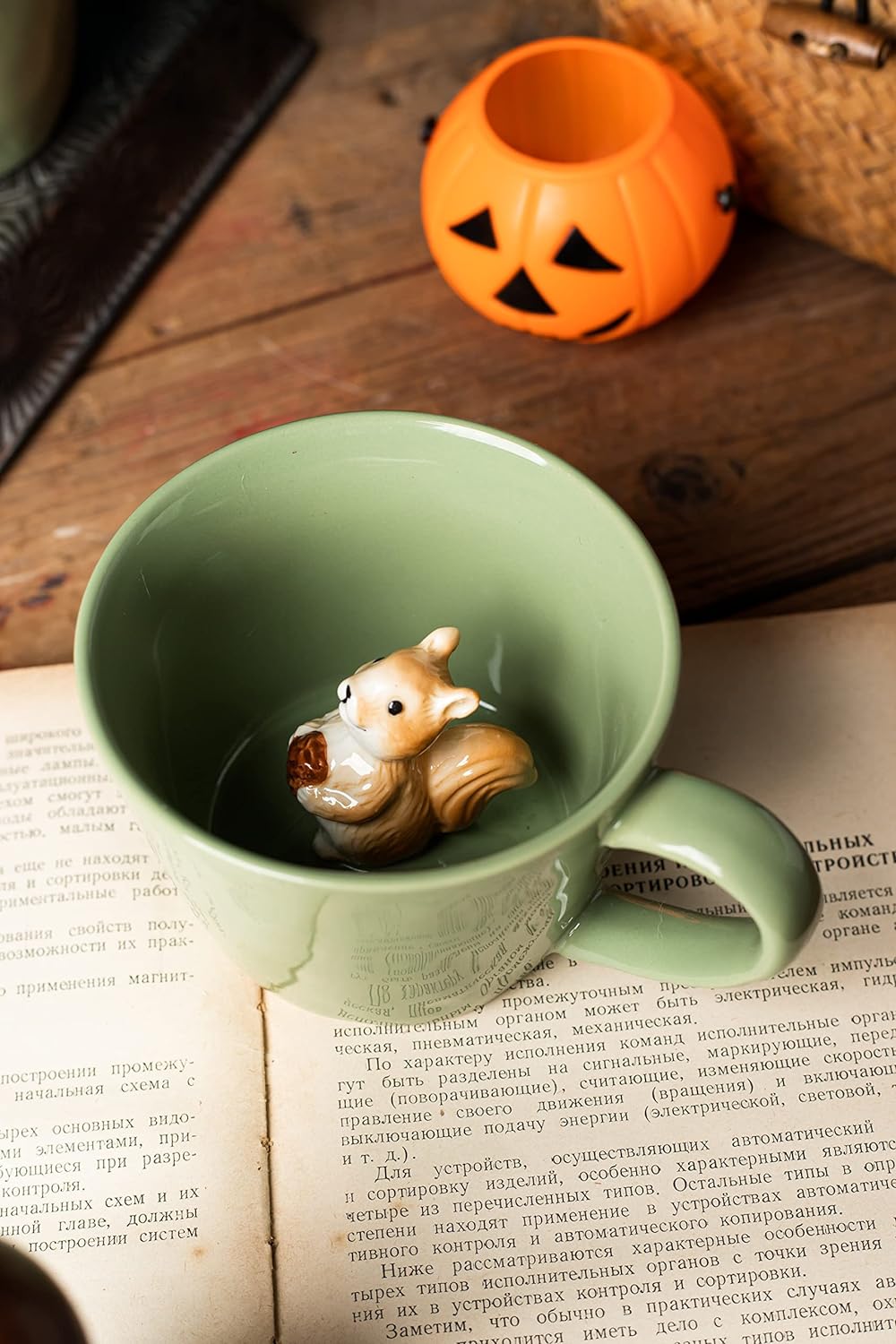 Squirrel Ceramic Cup Hidden 3D Animal Inside Mug,Cute Cartoon Handmade Figurine Mugs, 12 OZ (Light Green)