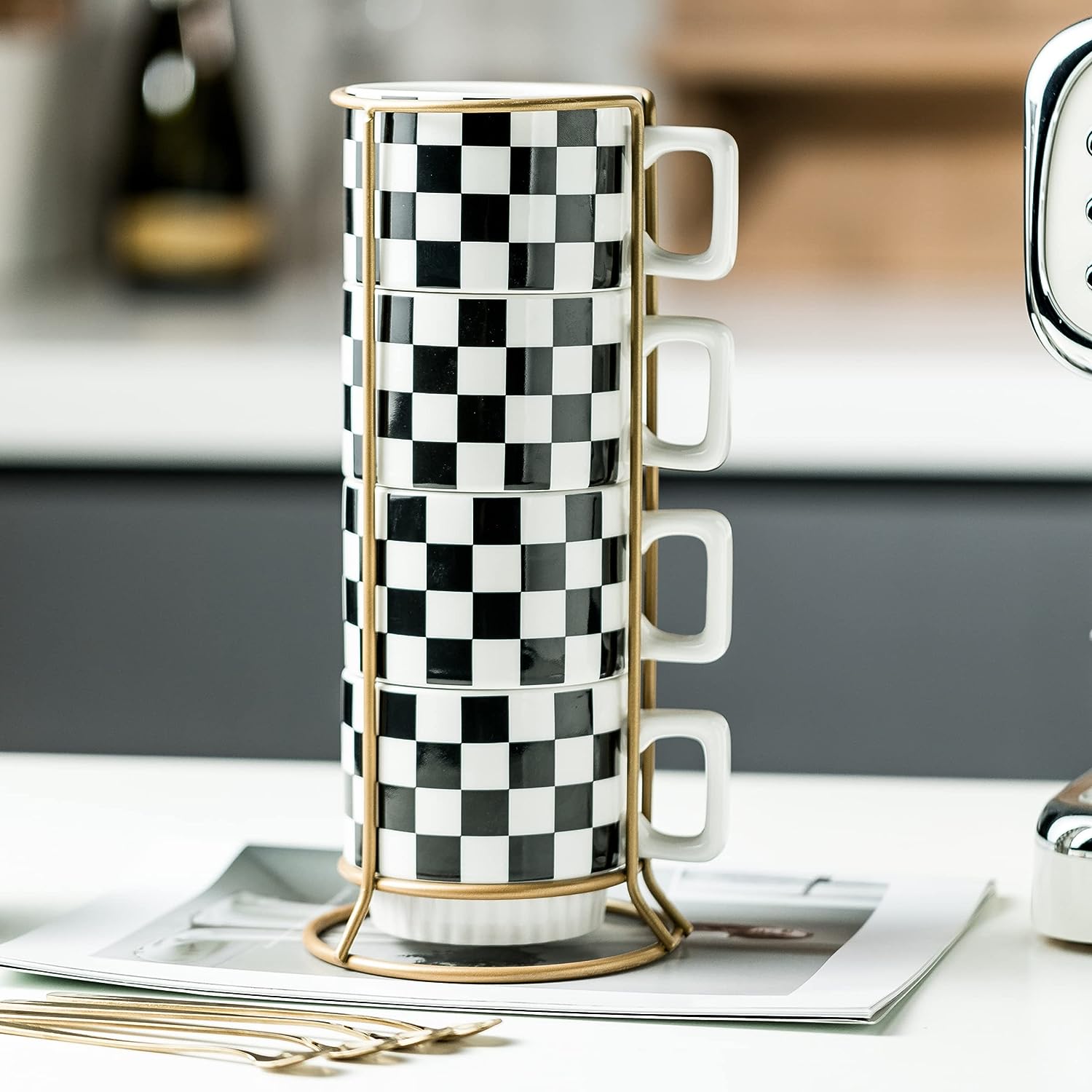 Stackable Coffee Mug Set of 4 with Rack 11 oz Tea Cup Set with Little Spoon (Black & White Pattern)