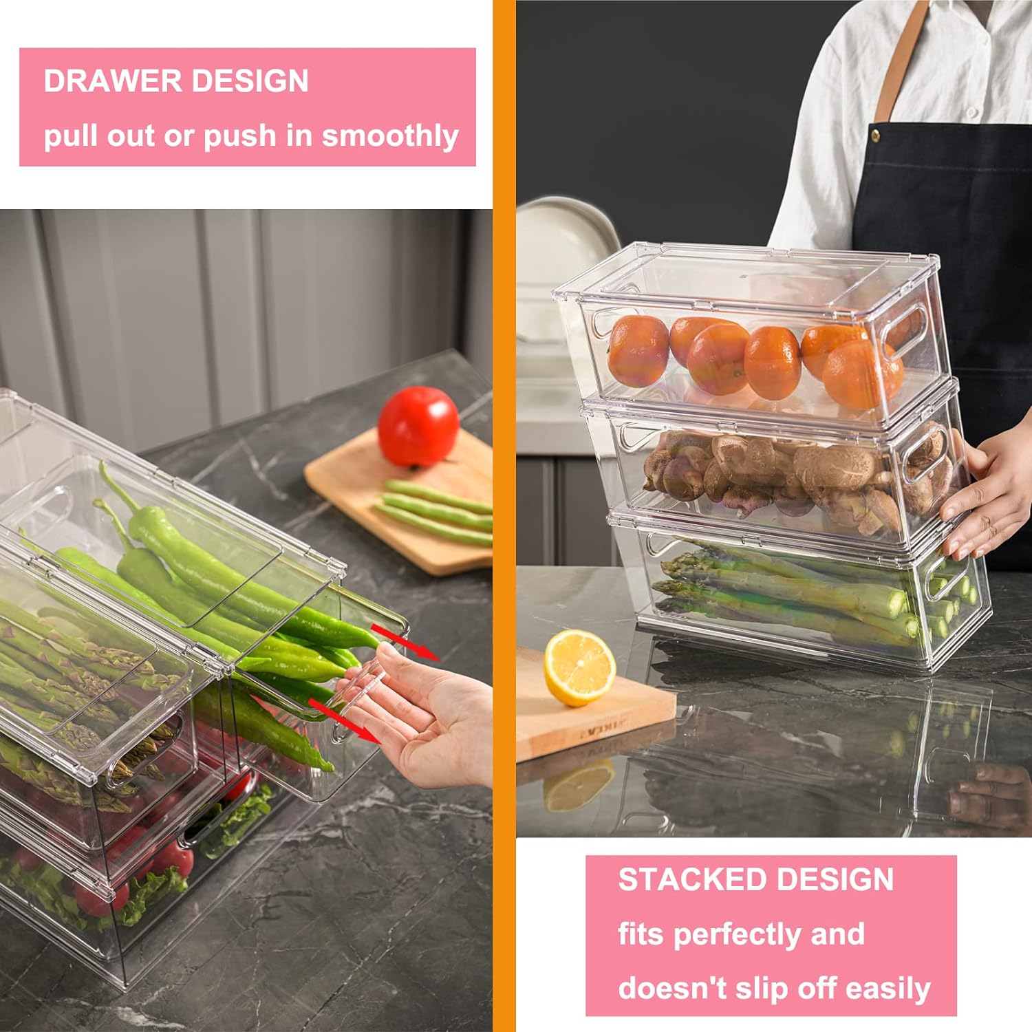 2 Pack Refrigerator Organizer Bins with Pull-out Drawer, Stackable Fridge Drawer Organizer Set with Handle