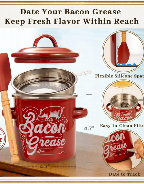 Load image into Gallery viewer, 46OZ Large Capacity, With Silicone Wooden Spatula, Enamel Bacon Grease Keeper, Red
